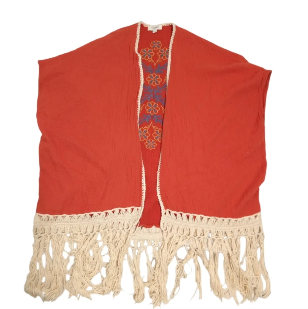 Umgee Rust Fringe Hem Boho Embroidered Floral Open Kimono Cardigan Sz M/L